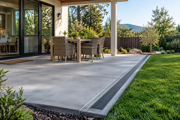 Concrete patio with a channel drain along the lawn edge