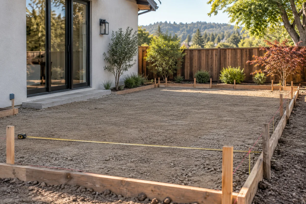 Leveled backyard pour area with grade stakes and a tape line