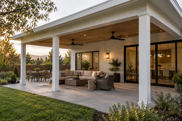 White patio cover over a concrete terrace with seating