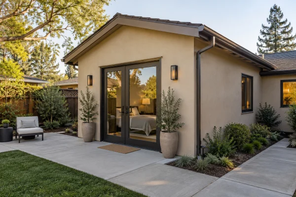 Small stucco backyard addition with glass doors and a concrete path