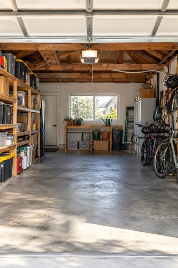 Garage with storage shelves, boxes and bicycles