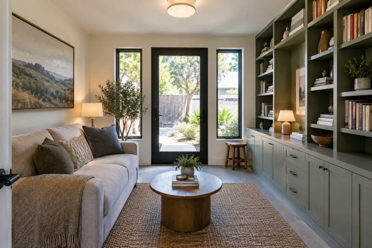 Converted garage reading room with a sofa and built-in shelves