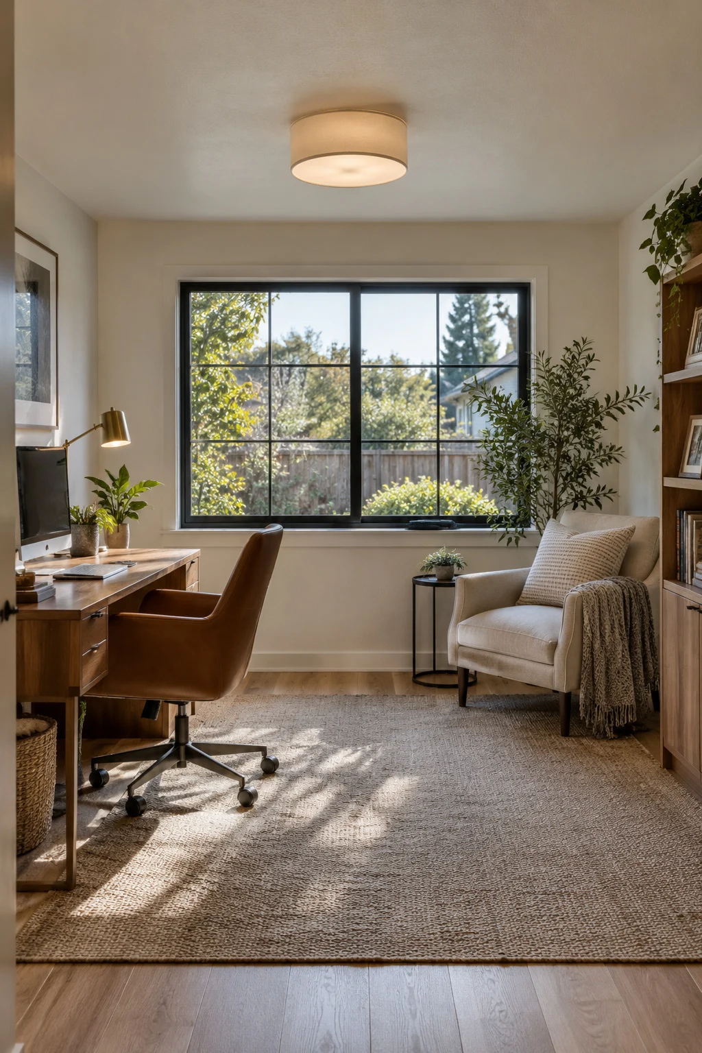 Converted garage office with a desk and a large window
