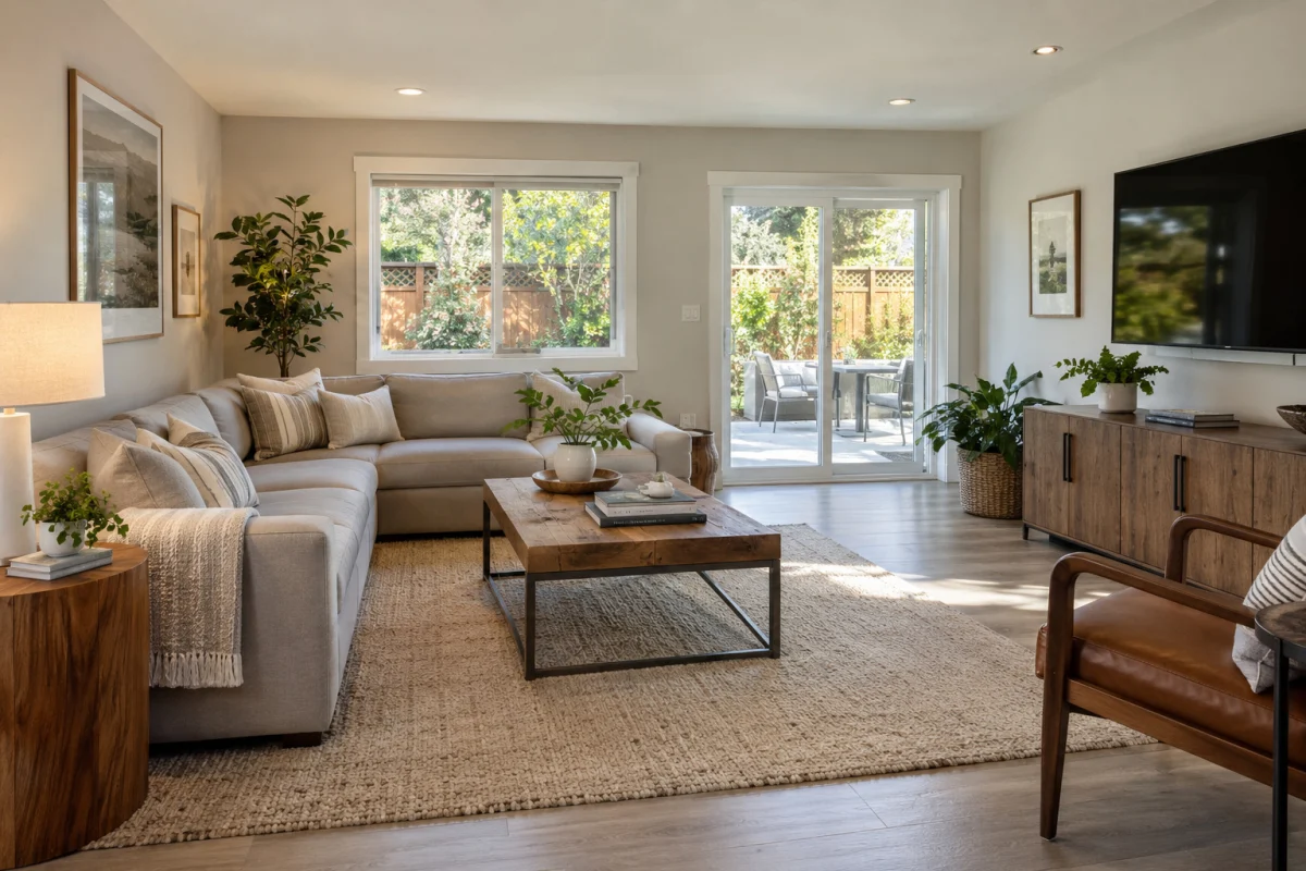 Converted garage living room with a sectional and a TV