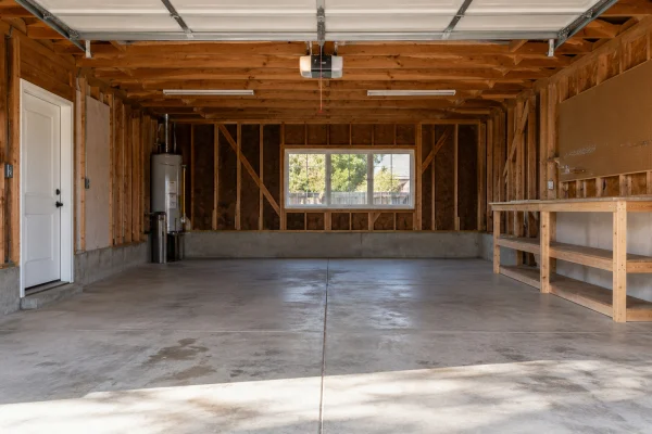Empty garage with exposed ceiling framing and a concrete floor