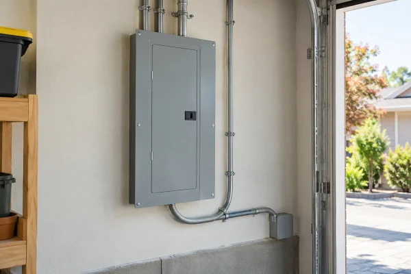 Electrical panel on a garage wall