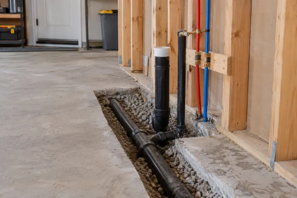 Plumbing pipes in a trench cut into a garage slab