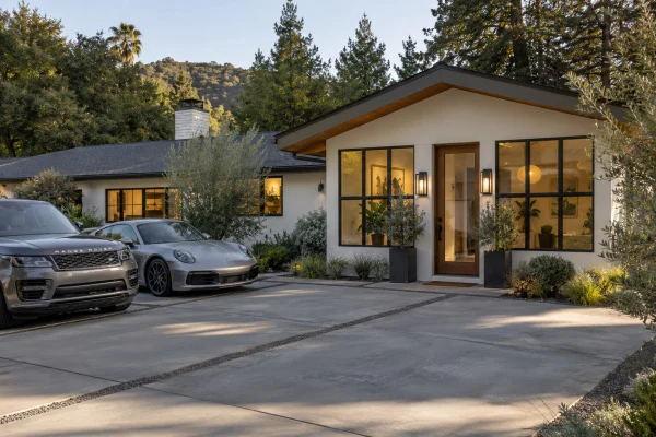 Driveway with two cars in front of a converted garage