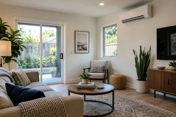Converted garage living room with a wall-mounted mini-split unit