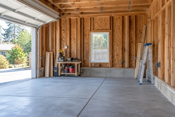 Garage stripped to the studs during a conversion