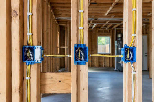 Electrical boxes and wiring run through garage wall studs