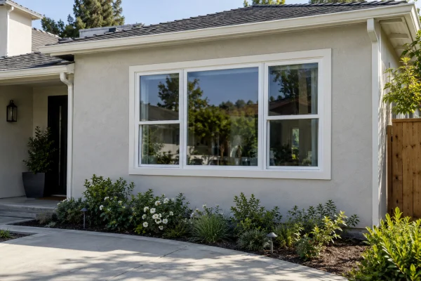 Former garage opening filled with a large white window
