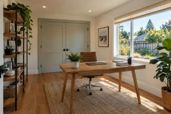 Converted garage office with an oak floor and a desk