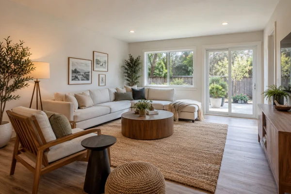 Bright converted garage room with a sofa and wide windows