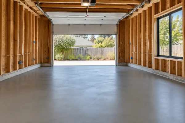 Leveled concrete floor in an empty garage under conversion