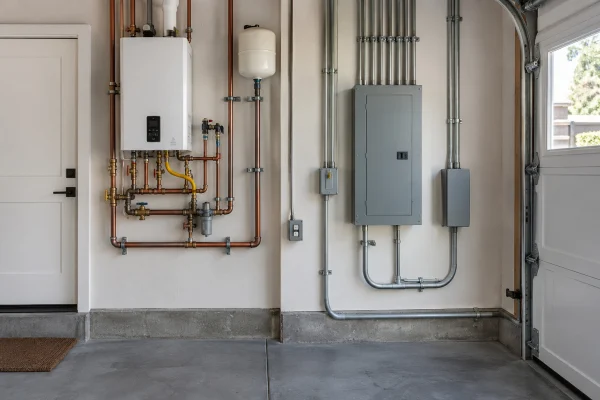 Garage utility wall with a water heater and electrical panel