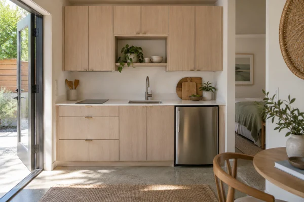 Kitchenette with pale oak cabinets in a converted garage
