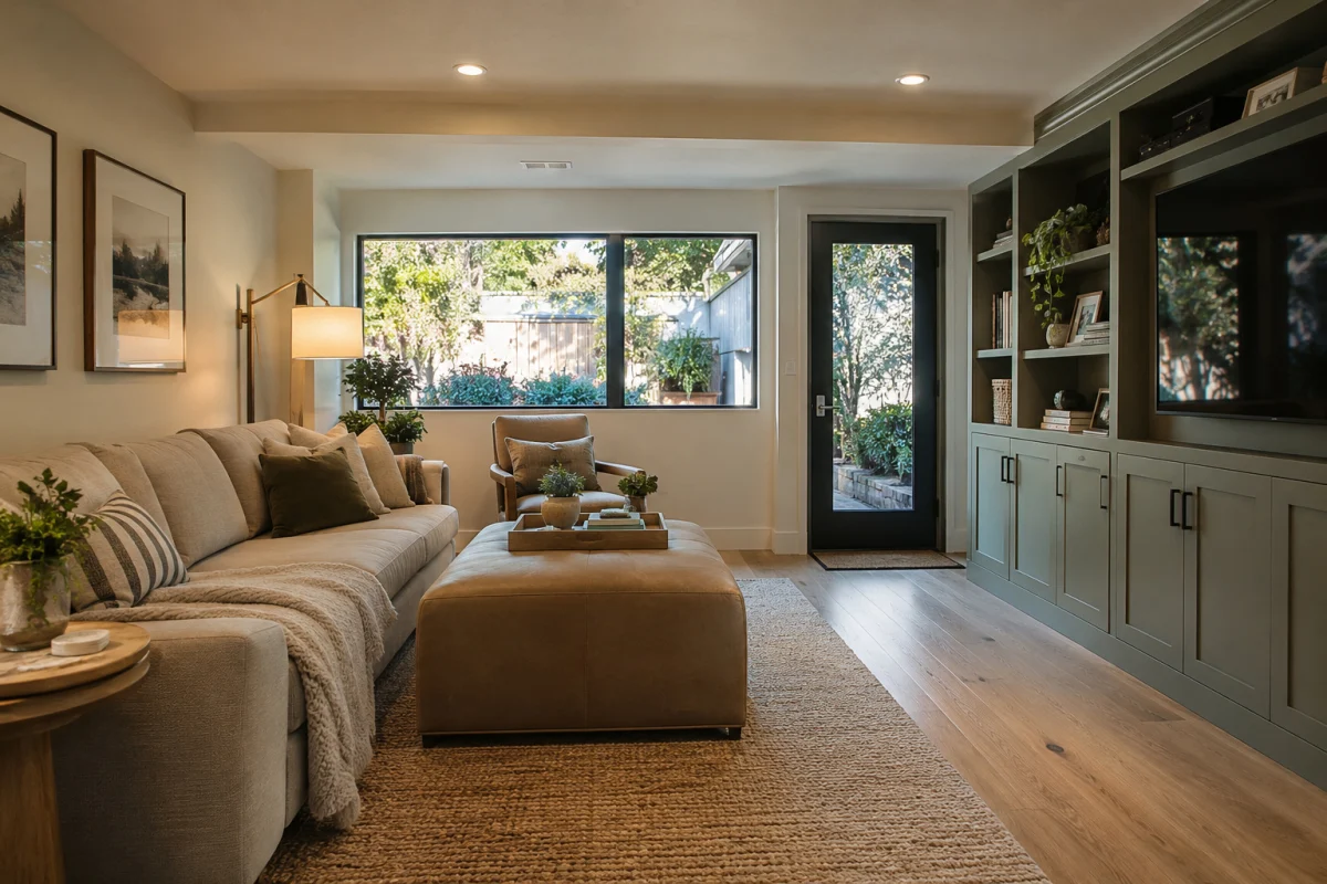 Converted garage lounge with built-in storage and an oak floor