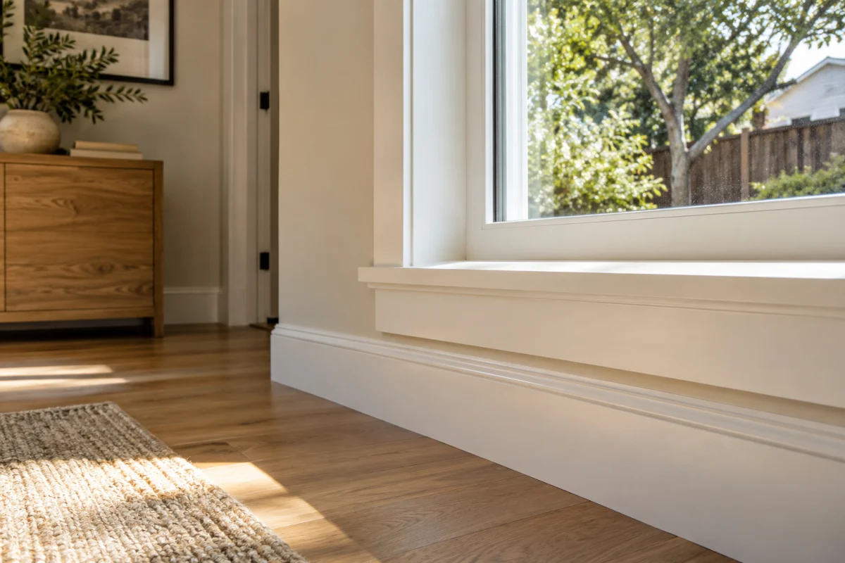 Window and trim meeting an oak floor in a converted room