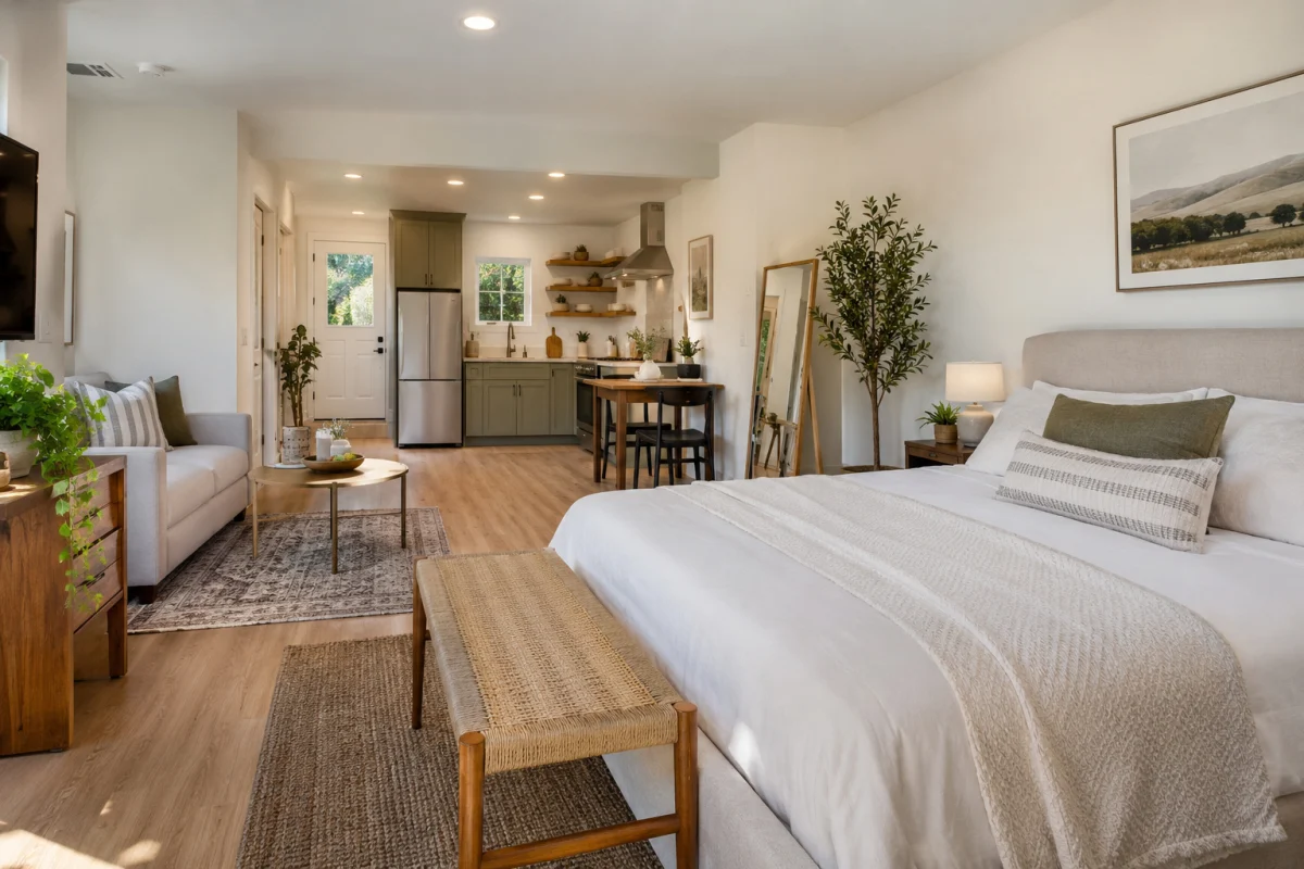 Studio with a bed, sitting area and kitchenette