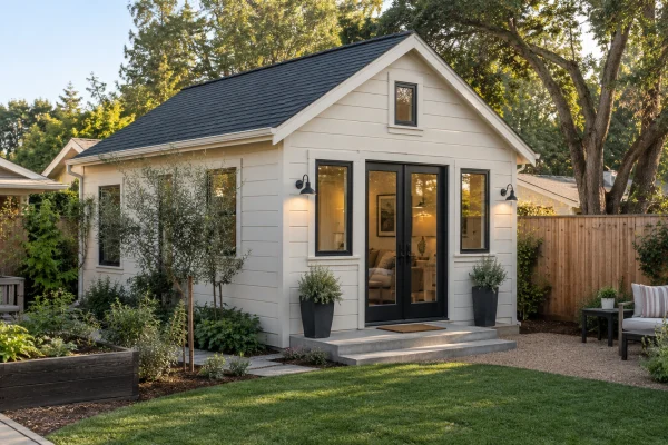 Small white backyard cottage with black glass doors