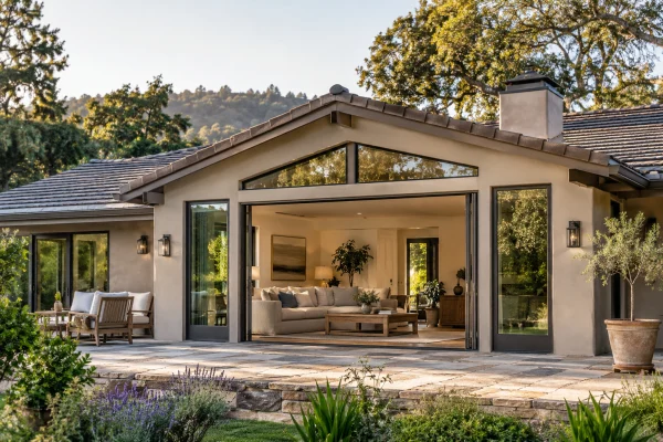 Single-story house with a glass-gabled living room addition