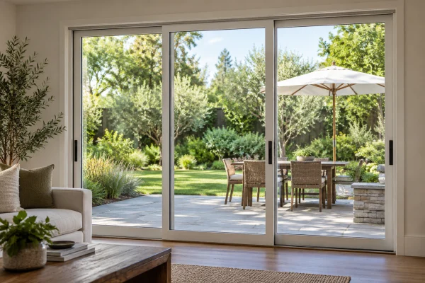 Sliding glass patio door opening onto a garden
