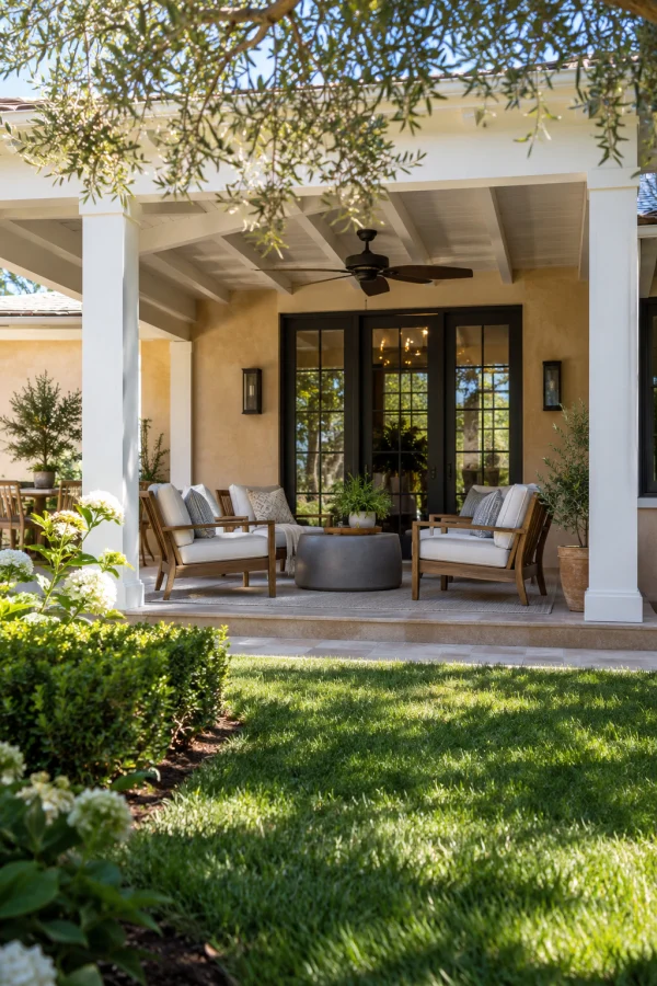 Shaded covered patio with lounge chairs seen from the lawn