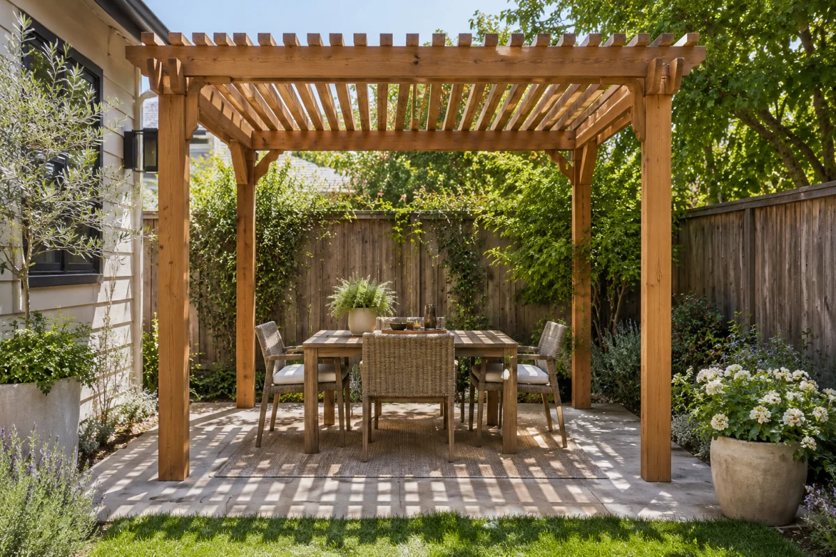 Cedar pergola over a small dining table in a backyard