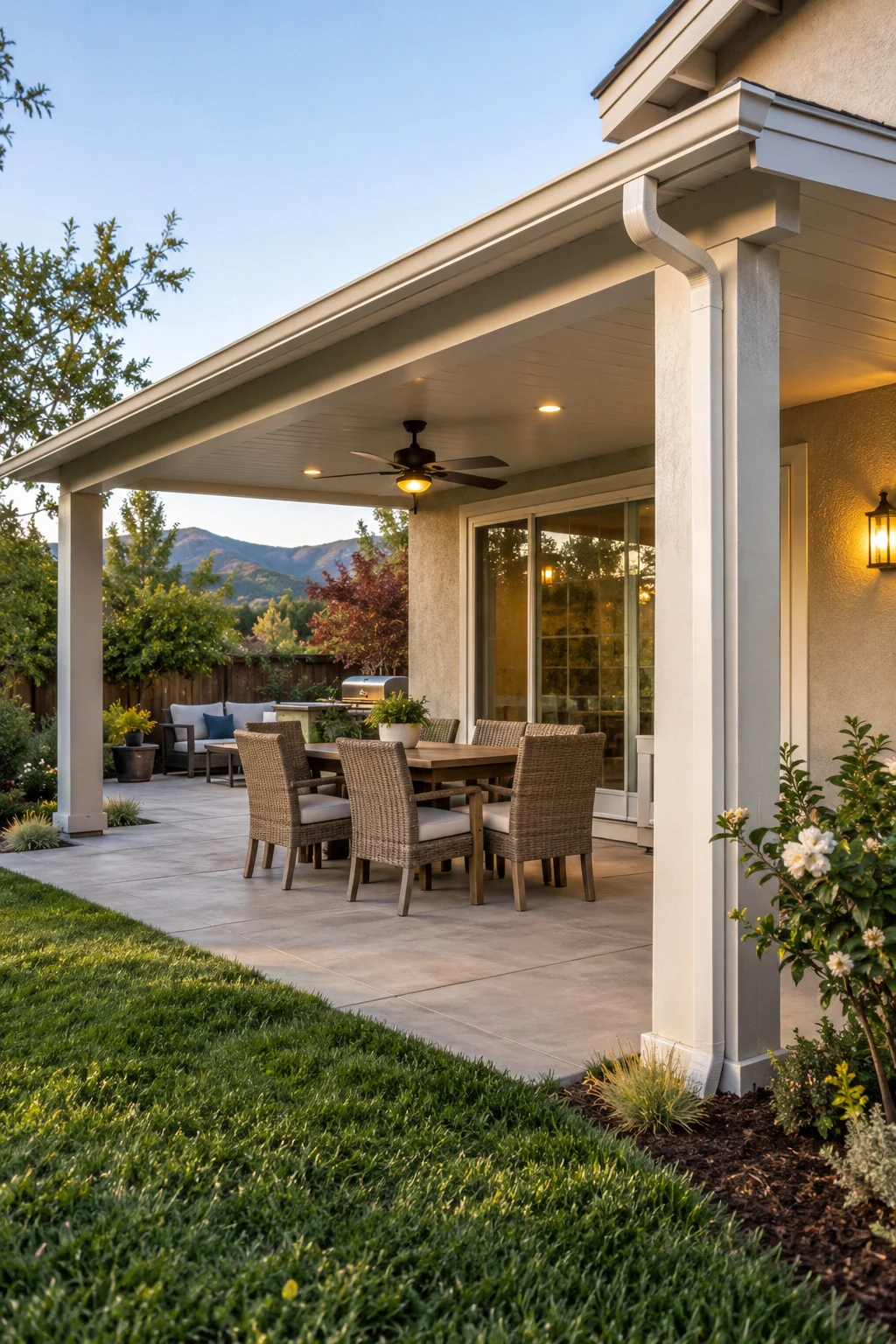 Covered patio with dining chairs beside a lawn