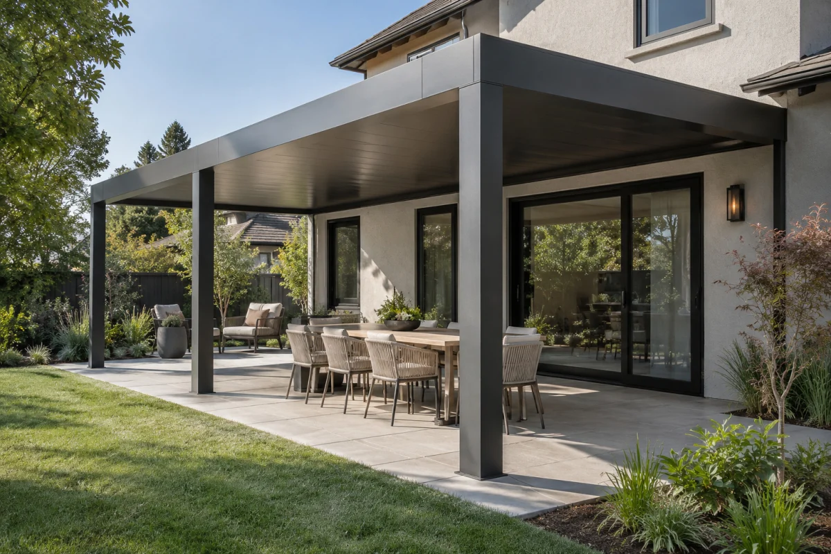 Dark aluminum patio roof on square posts over a dining terrace
