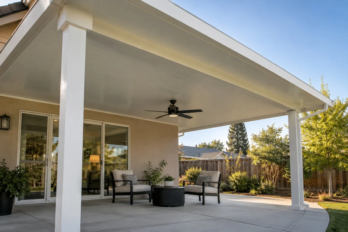 Underside of a white patio cover with a ceiling fan