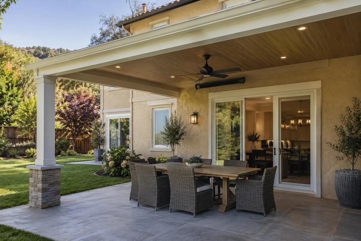 Attached patio cover over a dining table beside sliding doors