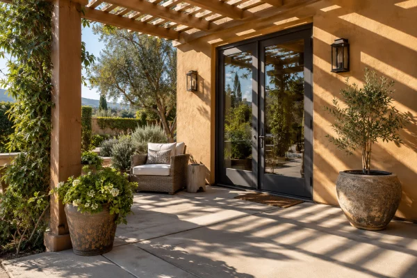 Pergola casting slatted shadows on a small patio