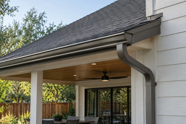 Patio cover meeting the house with flashing and a downspout