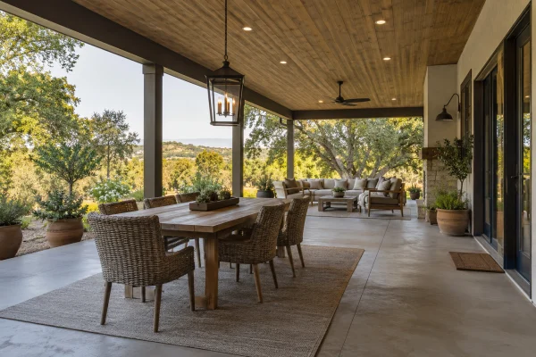 Long covered terrace with dining and lounge areas