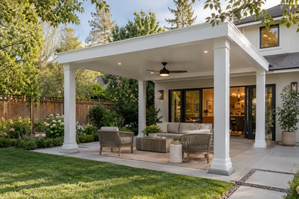 White freestanding patio cover on four posts over seating