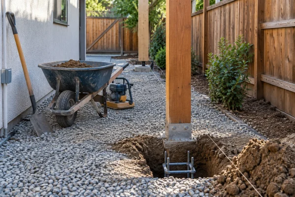 Side yard with a wheelbarrow and a dug post footing
