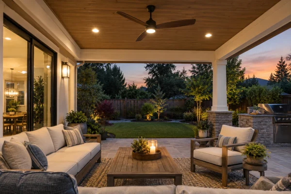 Covered patio with a ceiling fan and sofa at dusk