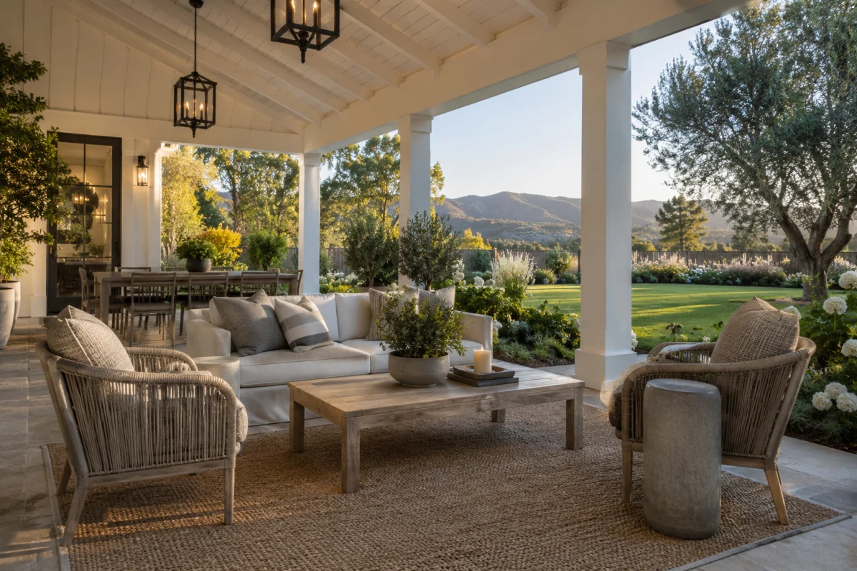 Covered terrace with white beams and outdoor sofas