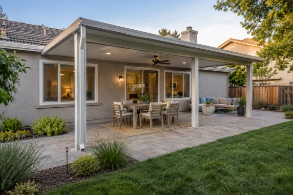 Light gray patio cover over a paved terrace behind a stucco house