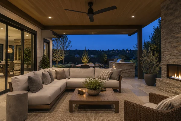 Outdoor room with a sectional sofa under a lit patio ceiling