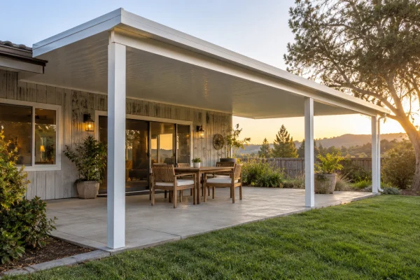 White aluminum patio cover over dining chairs beside a lawn