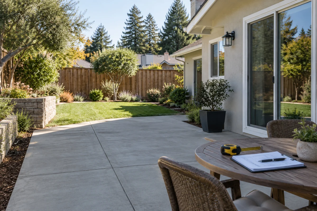 Concrete patio beside a house with a table and tape measure