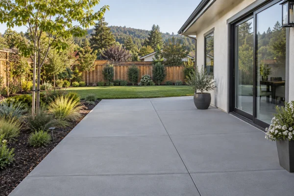 Broom-finished concrete patio with straight control joints