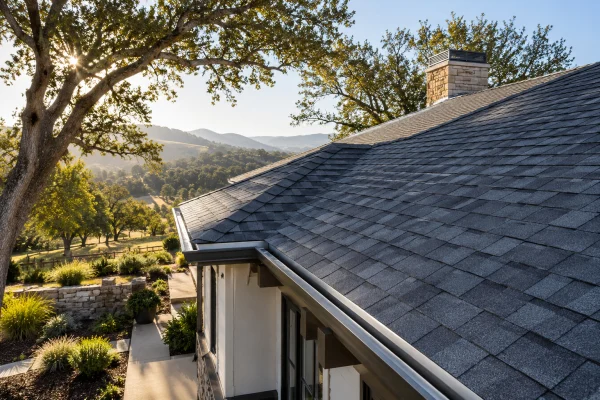 Shingle roof of a single-story house seen from above