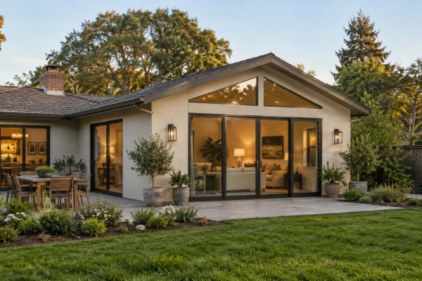 Single-story house with a gabled room addition and glass doors