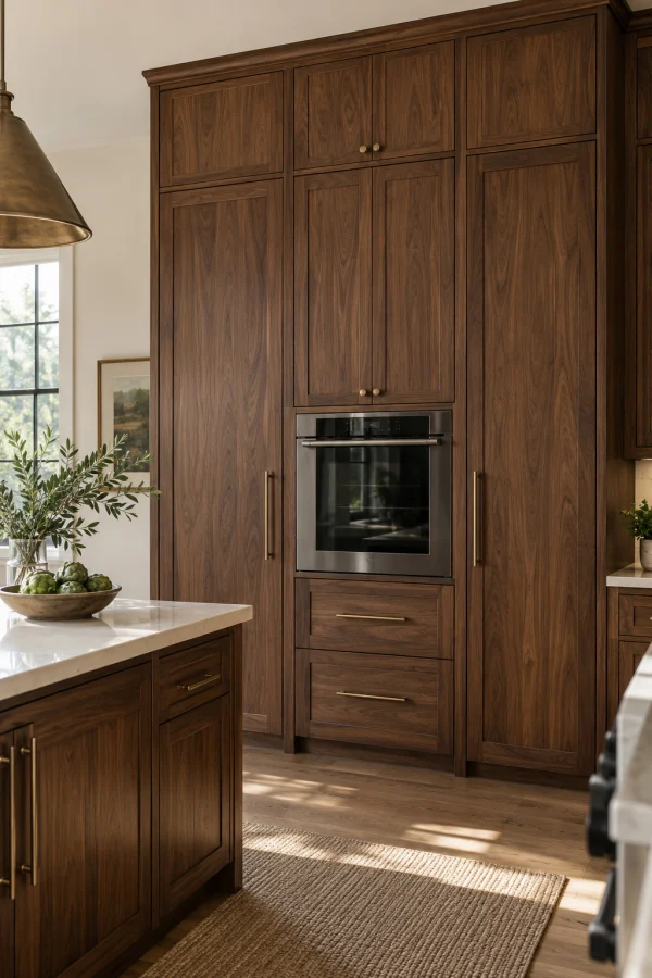 Custom walnut cabinetry fitted floor to ceiling with a built-in oven