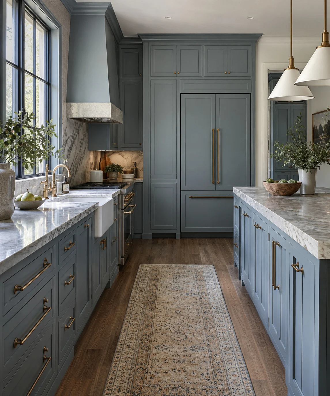 Galley kitchen with blue-grey cabinets and a long runner