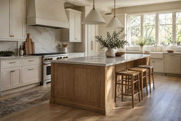 Kitchen with cream cabinets and an oak island with bar stools
